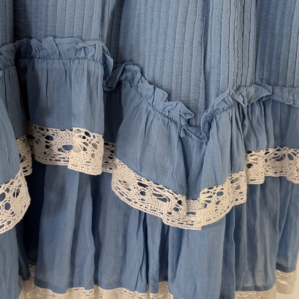 LoveShackFancy Blue Mini Dress with White Lace Trim - Picture 5 of 7